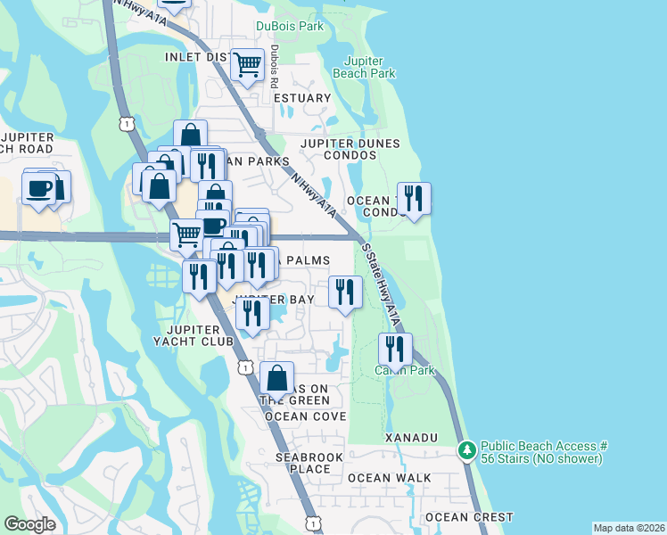 map of restaurants, bars, coffee shops, grocery stores, and more near 131 Palm Avenue in Jupiter