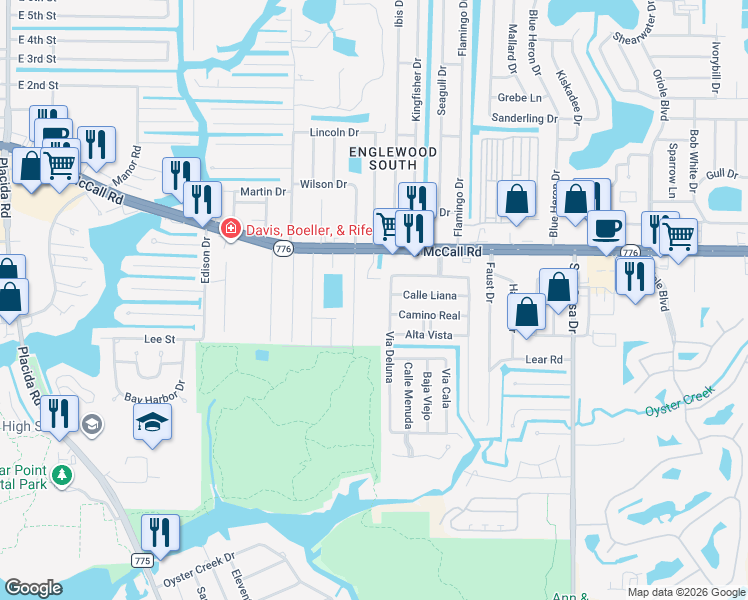 map of restaurants, bars, coffee shops, grocery stores, and more near 232 Via Deluna in Englewood