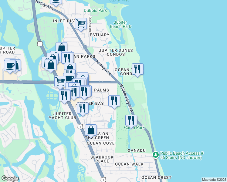 map of restaurants, bars, coffee shops, grocery stores, and more near 1100 East Indiantown Road in Jupiter