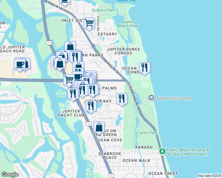 map of restaurants, bars, coffee shops, grocery stores, and more near 29 Seminole Avenue in Jupiter
