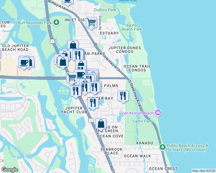 map of restaurants, bars, coffee shops, grocery stores, and more near 130 Palm Avenue in Jupiter