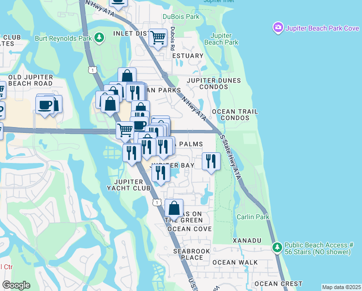 map of restaurants, bars, coffee shops, grocery stores, and more near 130 Palm Avenue in Jupiter