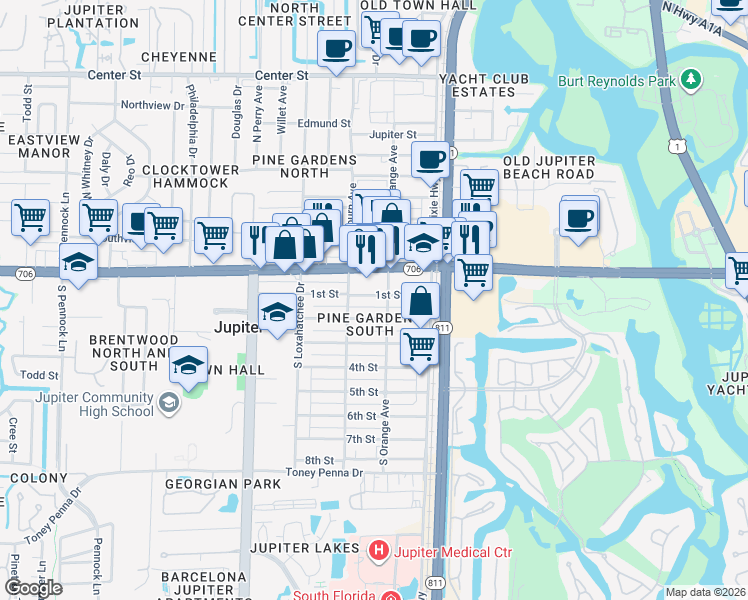 map of restaurants, bars, coffee shops, grocery stores, and more near 216 1st Street in Jupiter