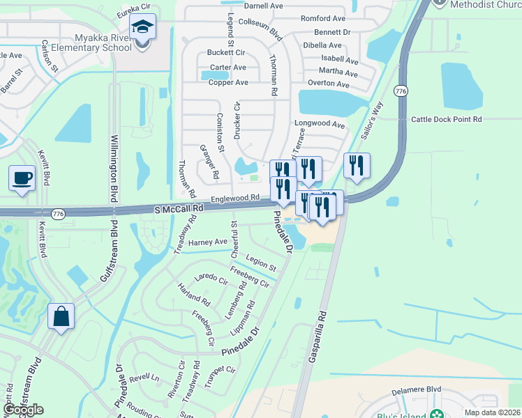 map of restaurants, bars, coffee shops, grocery stores, and more near 12039 South Access Road in Port Charlotte
