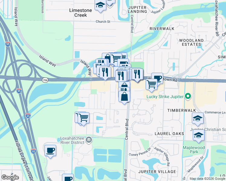 map of restaurants, bars, coffee shops, grocery stores, and more near 6637 Pigeon Lane in Jupiter