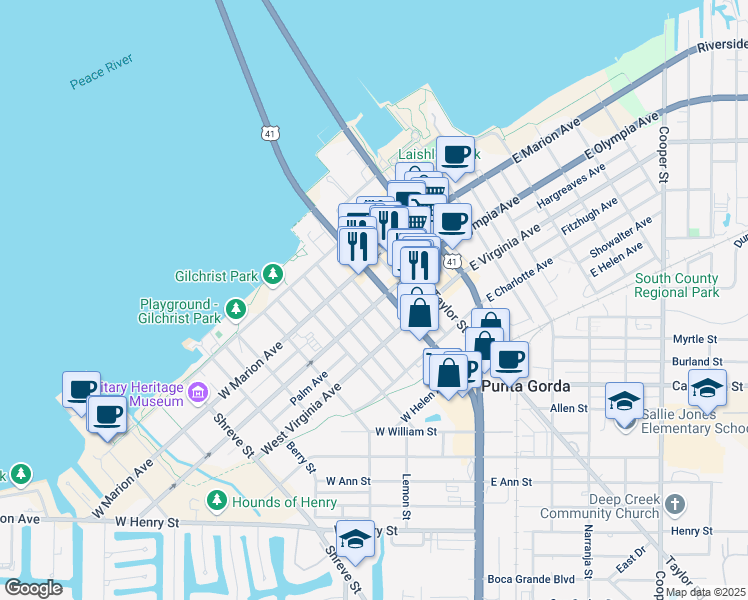map of restaurants, bars, coffee shops, grocery stores, and more near 312 Goldstein Street in Punta Gorda