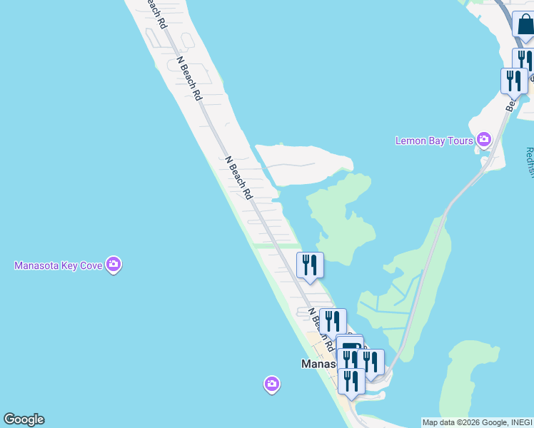 map of restaurants, bars, coffee shops, grocery stores, and more near 2610 North Beach Road in Englewood