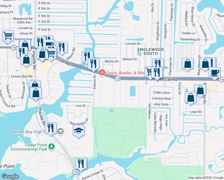 map of restaurants, bars, coffee shops, grocery stores, and more near 1765 Mel-o-de Lane in Englewood