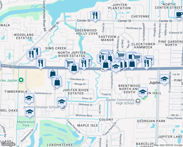 map of restaurants, bars, coffee shops, grocery stores, and more near 1100 West Indiantown Road in Jupiter