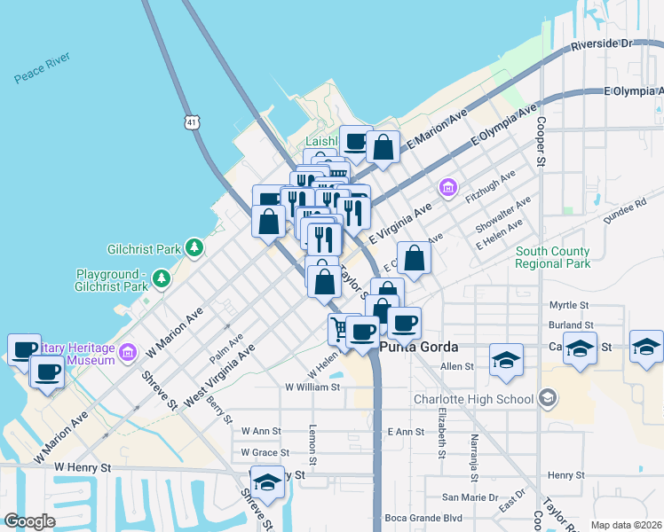 map of restaurants, bars, coffee shops, grocery stores, and more near 111 West Olympia Avenue in Punta Gorda