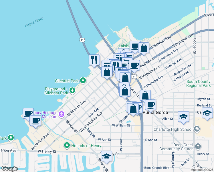 map of restaurants, bars, coffee shops, grocery stores, and more near 324 West Marion Avenue in Punta Gorda