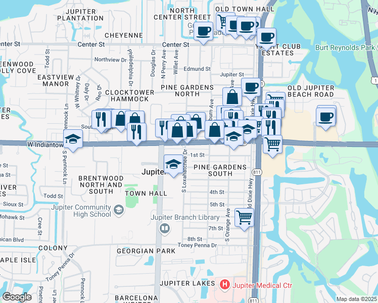 map of restaurants, bars, coffee shops, grocery stores, and more near 353 1st Street in Jupiter