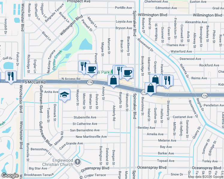 map of restaurants, bars, coffee shops, grocery stores, and more near 3449 South Access Road in Englewood