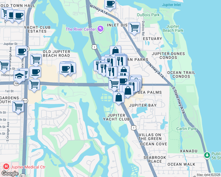 map of restaurants, bars, coffee shops, grocery stores, and more near 1 South Coastal Way in Jupiter