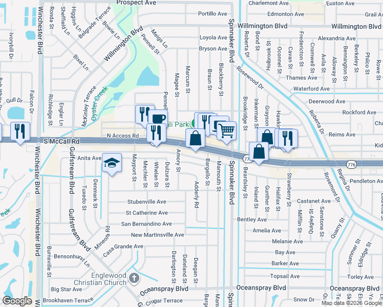map of restaurants, bars, coffee shops, grocery stores, and more near 3449 South Access Road in Englewood