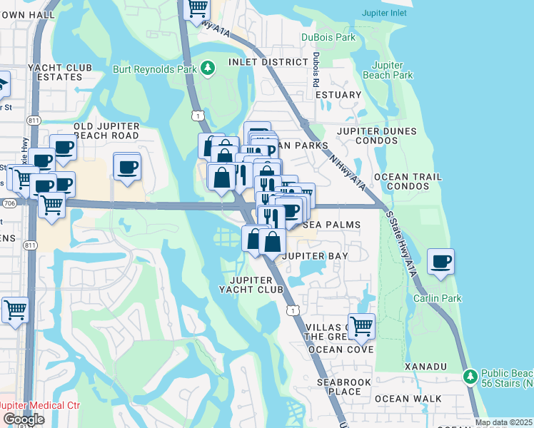 map of restaurants, bars, coffee shops, grocery stores, and more near in Jupiter