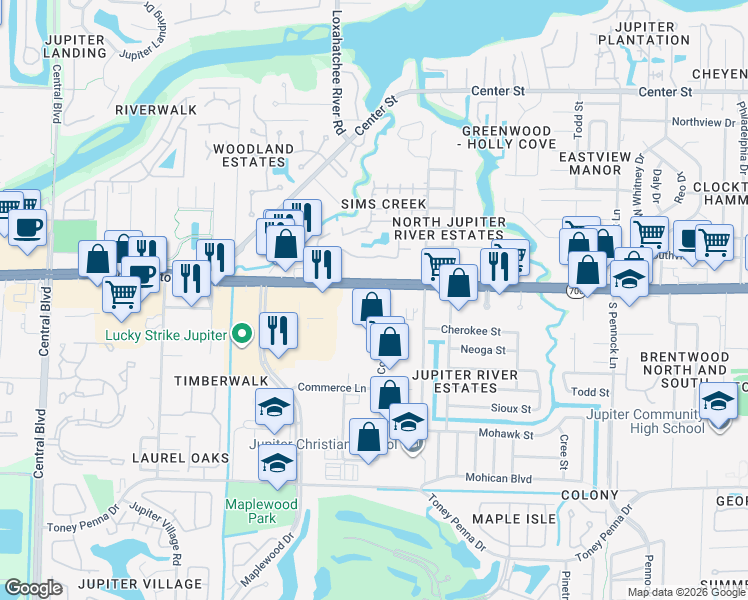 map of restaurants, bars, coffee shops, grocery stores, and more near 1400 West Indiantown Road in Jupiter