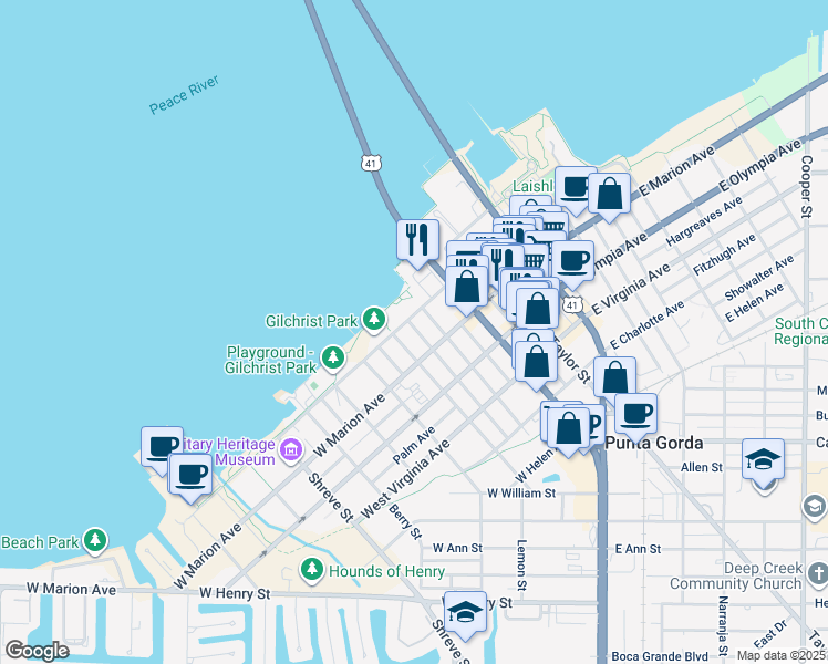 map of restaurants, bars, coffee shops, grocery stores, and more near 109 Durrance Street in Punta Gorda