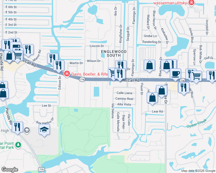 map of restaurants, bars, coffee shops, grocery stores, and more near 2275 South McCall Road in Englewood
