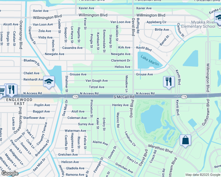 map of restaurants, bars, coffee shops, grocery stores, and more near 12152 Tetzel Avenue in Port Charlotte