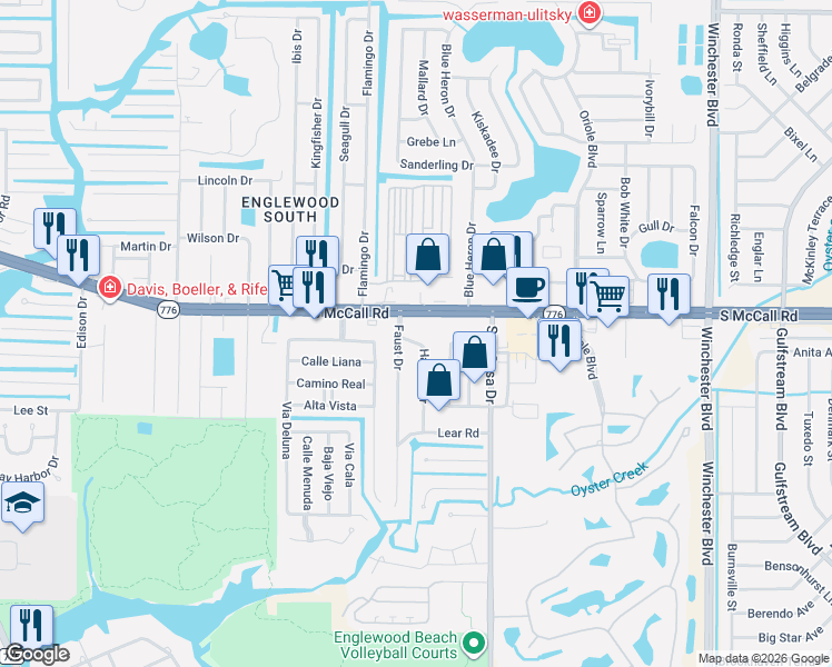 map of restaurants, bars, coffee shops, grocery stores, and more near 2645 South McCall Road in Englewood
