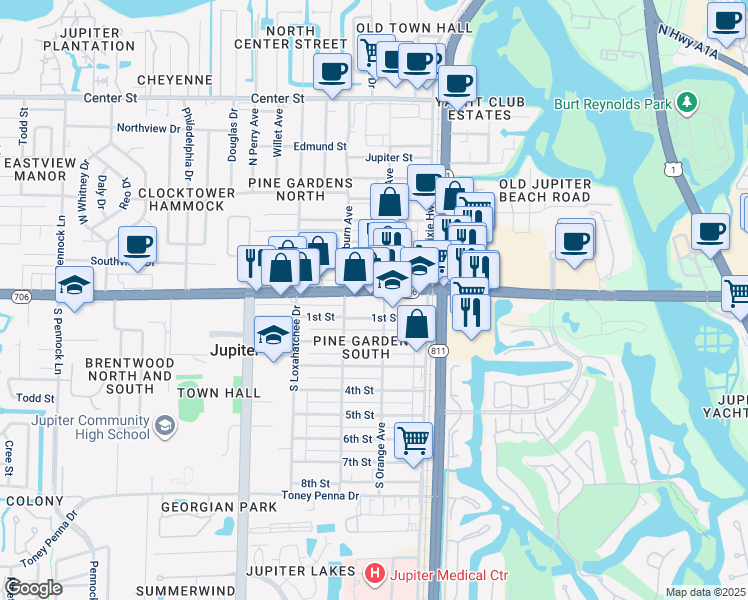 map of restaurants, bars, coffee shops, grocery stores, and more near 102 West Indiantown Road in Jupiter