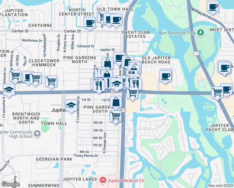 map of restaurants, bars, coffee shops, grocery stores, and more near in Jupiter