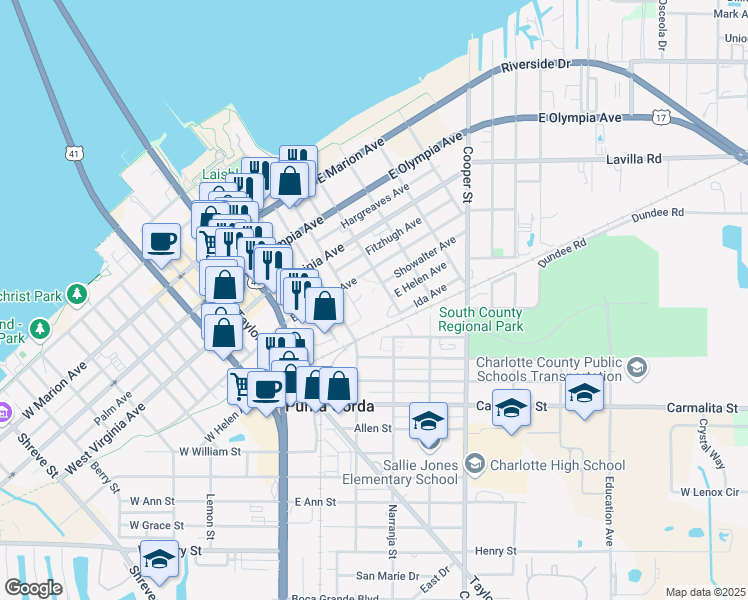map of restaurants, bars, coffee shops, grocery stores, and more near 311 East Charlotte Avenue in Punta Gorda