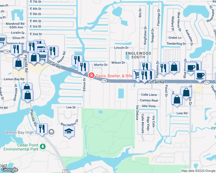 map of restaurants, bars, coffee shops, grocery stores, and more near 1640 Mel-o-de Lane in Englewood