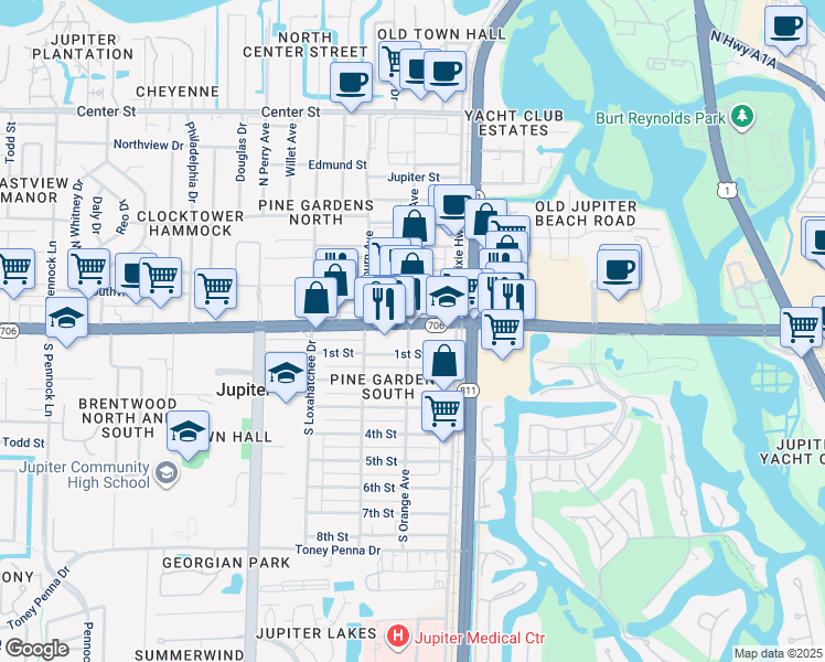 map of restaurants, bars, coffee shops, grocery stores, and more near 150 West Indiantown Road in Jupiter