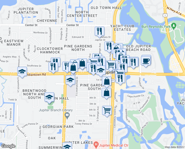 map of restaurants, bars, coffee shops, grocery stores, and more near 102 West Indiantown Road in Jupiter
