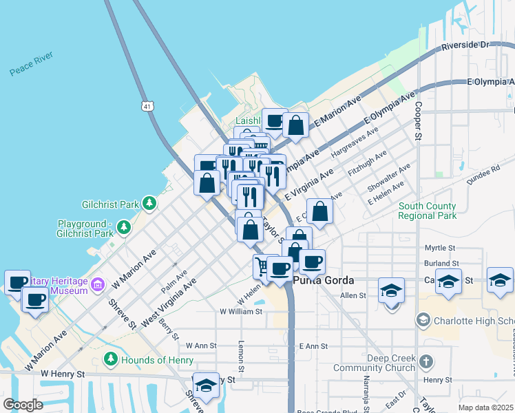 map of restaurants, bars, coffee shops, grocery stores, and more near 314 Taylor Street in Punta Gorda