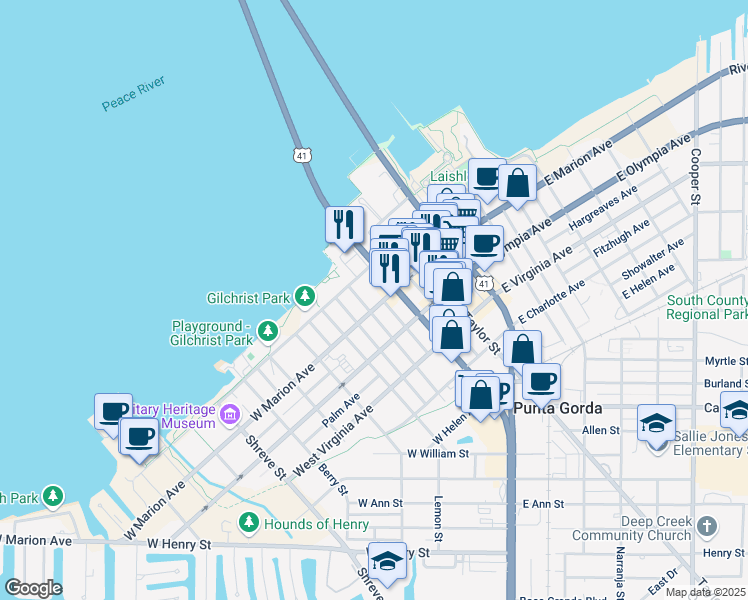 map of restaurants, bars, coffee shops, grocery stores, and more near 324 West Marion Avenue in Punta Gorda