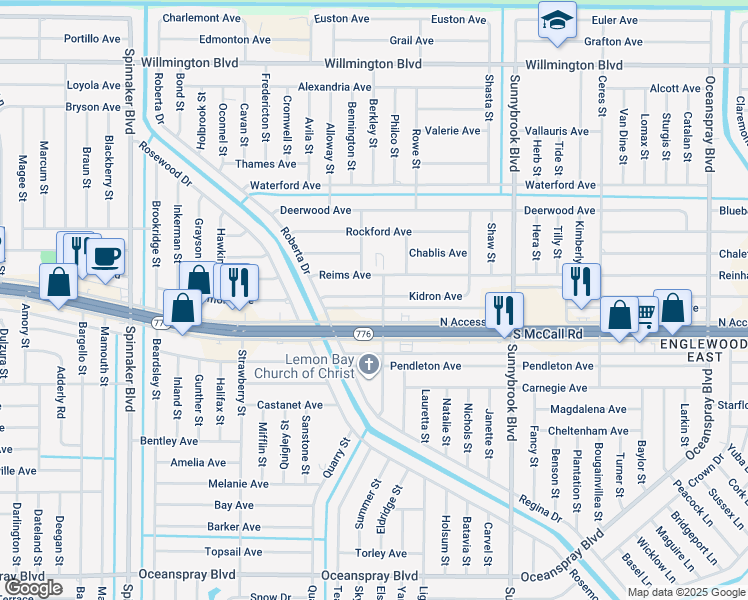 map of restaurants, bars, coffee shops, grocery stores, and more near 10343 Kidron Avenue in Englewood