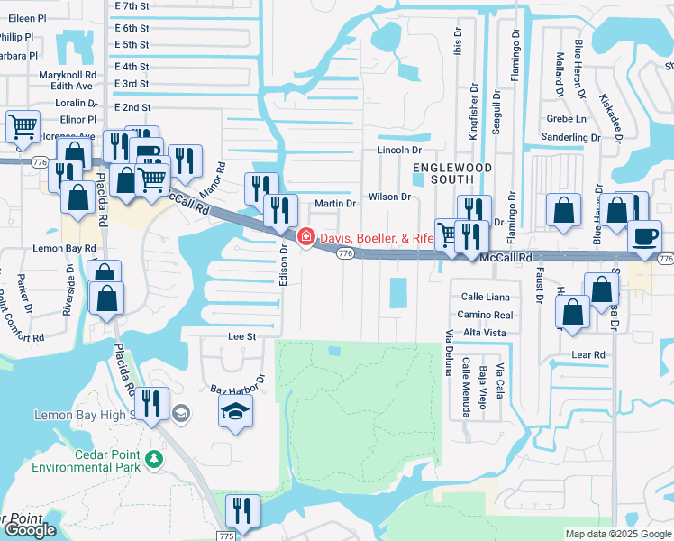 map of restaurants, bars, coffee shops, grocery stores, and more near 1640 Mel-o-de Lane in Englewood