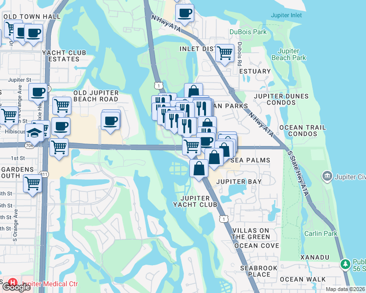 map of restaurants, bars, coffee shops, grocery stores, and more near 609 East Indiantown Road in Jupiter
