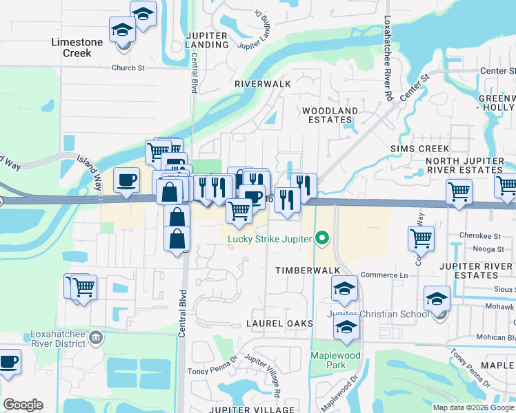map of restaurants, bars, coffee shops, grocery stores, and more near 6230 West Indiantown Road in Jupiter