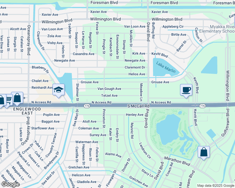 map of restaurants, bars, coffee shops, grocery stores, and more near 12152 Tetzel Avenue in Port Charlotte