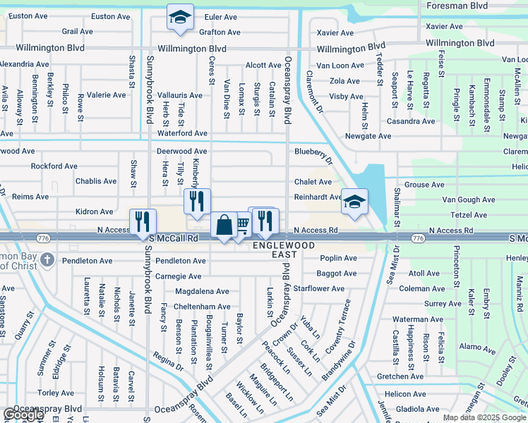map of restaurants, bars, coffee shops, grocery stores, and more near 11247 Kimberly Avenue in Englewood