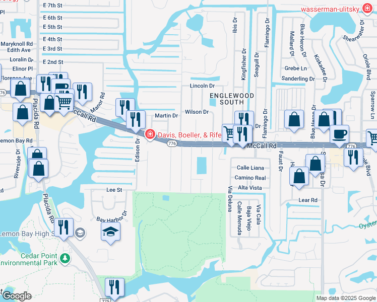 map of restaurants, bars, coffee shops, grocery stores, and more near 1620 Meadowlark Lane in Englewood
