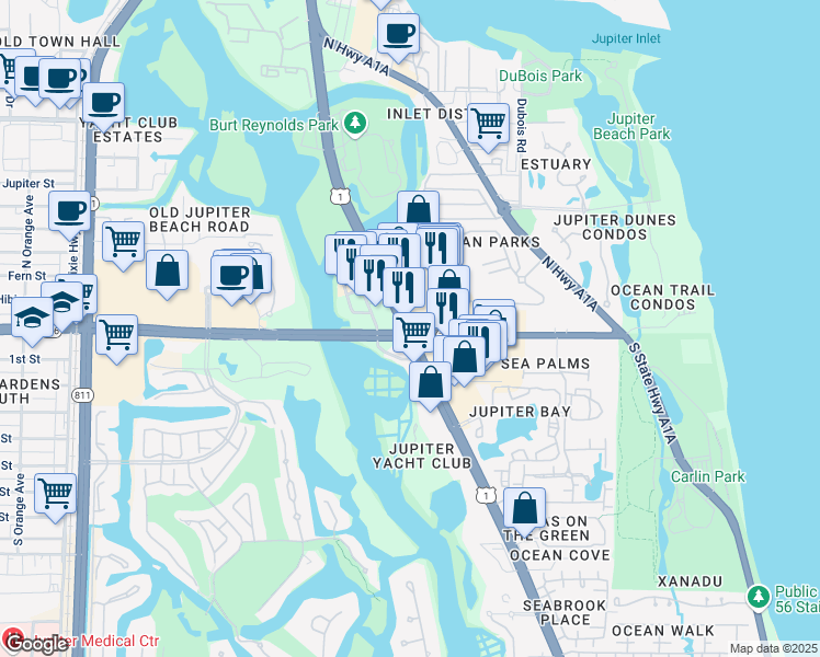 map of restaurants, bars, coffee shops, grocery stores, and more near 13 Route 1 in Jupiter