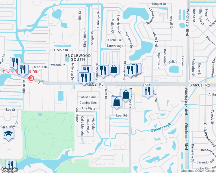 map of restaurants, bars, coffee shops, grocery stores, and more near 1606 Faust Drive in Englewood