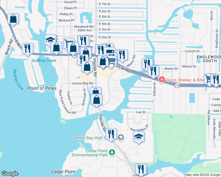 map of restaurants, bars, coffee shops, grocery stores, and more near 1625 Manor Road in Englewood