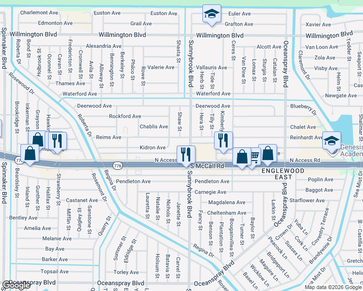 map of restaurants, bars, coffee shops, grocery stores, and more near 6401 Sunnybrook Boulevard in Englewood