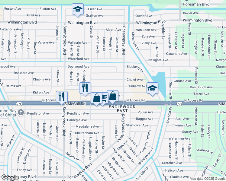 map of restaurants, bars, coffee shops, grocery stores, and more near 11247 Kimberly Avenue in Englewood