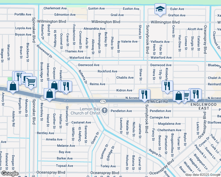 map of restaurants, bars, coffee shops, grocery stores, and more near 10343 Kidron Avenue in Englewood