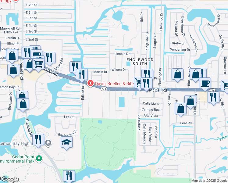 map of restaurants, bars, coffee shops, grocery stores, and more near 1620 Meadowlark Lane in Englewood