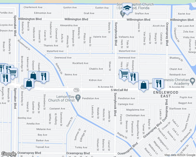 map of restaurants, bars, coffee shops, grocery stores, and more near 10435 Kidron Avenue in Englewood