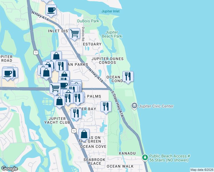 map of restaurants, bars, coffee shops, grocery stores, and more near 22 Ocean Boulevard in Jupiter