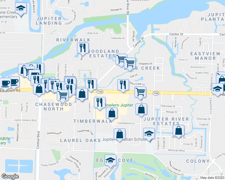 map of restaurants, bars, coffee shops, grocery stores, and more near 1695 West Indiantown Road in Jupiter